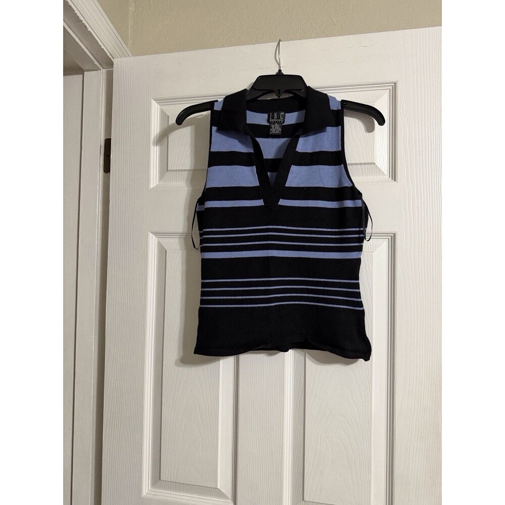 INC International Concepts Women’s Sleeveless Striped Polo Top Black Blue Size S